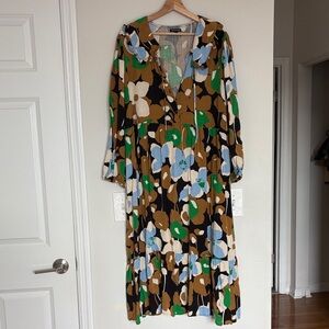 Who What Wear Long Sleeve Floral Dress - Green, Blue, Brown, Cream